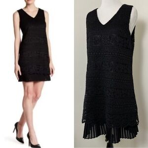 CeCe Black Shift Dress | V Neck | Sleeveless | Layered | Pleated Hem | Lace | 6P